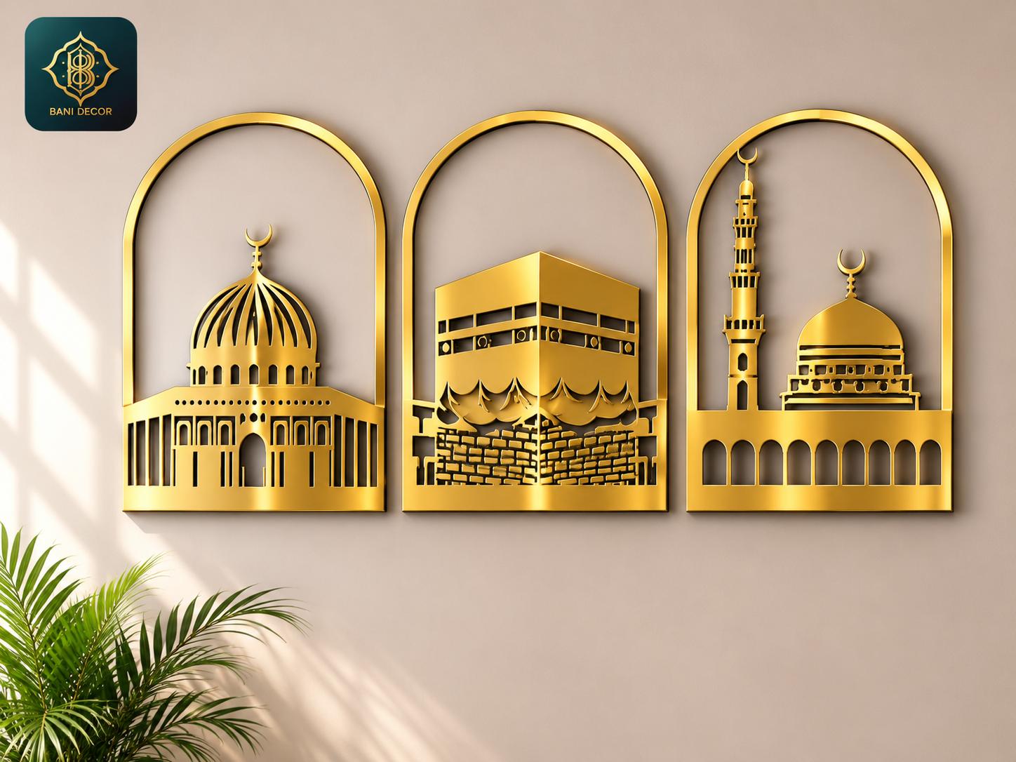 Masjid Set of 3 Islamic Wall Art – Kaaba, Al Aqsa & Masjid An Nabawi Decor